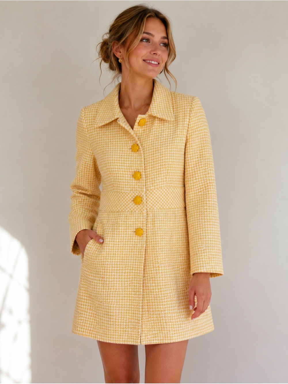 Women's Yellow Houndstooth Button-Front Coat